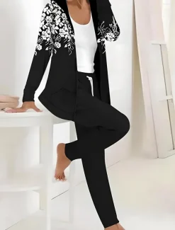 Women's 2 Pieces Tracksuits Pants Sets Long Sleeve Active Daily Hoodie Hooded Floral Graphic Drawstring Print Outdoor Casual Black Dark Navy Light Brown Fall & Winter Regular Fit