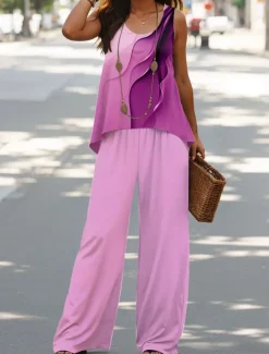 Women's 2 Pieces Vacation Daily Pants Sets Sleeveless U Neck Ombre Graphic Casual Daily Pink Blue Green Summer Loose Fit