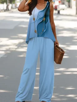 Women's 2 Pieces Vacation Daily Pants Sets Sleeveless U Neck Ombre Graphic Casual Daily Pink Blue Green Summer Loose Fit