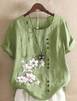 Women's 100% Shirt Blouse Floral Linen Vintage Basic Holiday Short Sleeve Crew Neck Regular Tops Daily Buttons Print White Yellow Pink Lavender Green Summer Spring