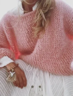 Women's Sweater Pullover Fuzzy Jumper Crew Neck Ribbed Knit Knitted Fall Winter Outdoor Daily Weekend Casual Soft Long Sleeve Pure Color Pink Khaki