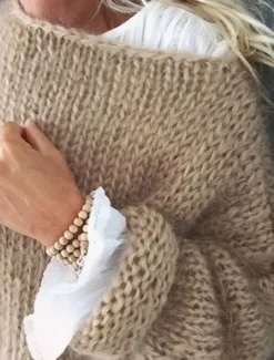 Women's Sweater Pullover Fuzzy Jumper Crew Neck Ribbed Knit Knitted Fall Winter Outdoor Daily Weekend Casual Soft Long Sleeve Pure Color Pink Khaki