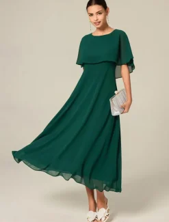 Women's Wedding Guest Cocktail Dress Chiffon Ruffle Elegant Formal Midi A Line Dress Crew Neck Short Sleeve Flared Sleeve Dark Green Color