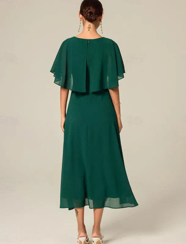 Women's Wedding Guest Cocktail Dress Chiffon Ruffle Elegant Formal Midi A Line Dress Crew Neck Short Sleeve Flared Sleeve Dark Green Color