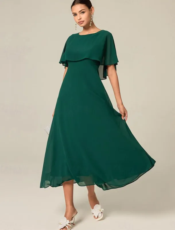 Women's Wedding Guest Cocktail Dress Chiffon Ruffle Elegant Formal Midi A Line Dress Crew Neck Short Sleeve Flared Sleeve Dark Green Color