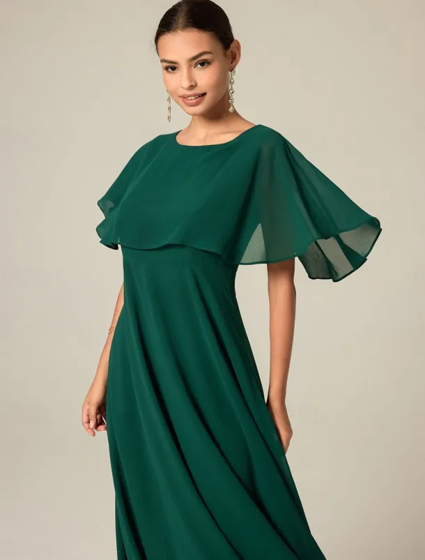 Women's Wedding Guest Cocktail Dress Chiffon Ruffle Elegant Formal Midi A Line Dress Crew Neck Short Sleeve Flared Sleeve Dark Green Color