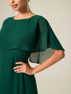 Women's Wedding Guest Cocktail Dress Chiffon Ruffle Elegant Formal Midi A Line Dress Crew Neck Short Sleeve Flared Sleeve Dark Green Color