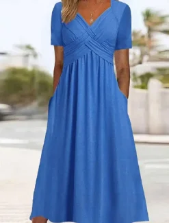 Women's A Line Dress Maxi Dress Pocket Basic Casual V Neck Short Sleeve Black Red Blue Color