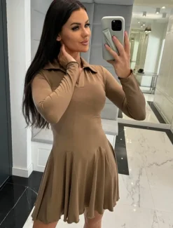 Women's A Line Dress Mini Dress Ruffle Date Vacation Elegant Lapel Long Sleeve Black Coffee Gray Color