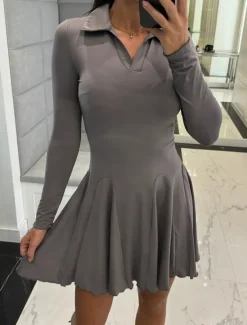 Women's A Line Dress Mini Dress Ruffle Date Vacation Elegant Lapel Long Sleeve Black Coffee Gray Color