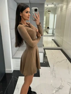 Women's A Line Dress Mini Dress Ruffle Date Vacation Elegant Lapel Long Sleeve Black Coffee Gray Color