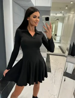 Women's A Line Dress Mini Dress Ruffle Date Vacation Elegant Lapel Long Sleeve Black Coffee Gray Color
