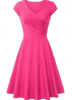 Women's A Line Dress Short Mini Dress Beige Short Sleeve Pure Color Ruched Spring Summer V Neck Elegant Classic 2023 4XL