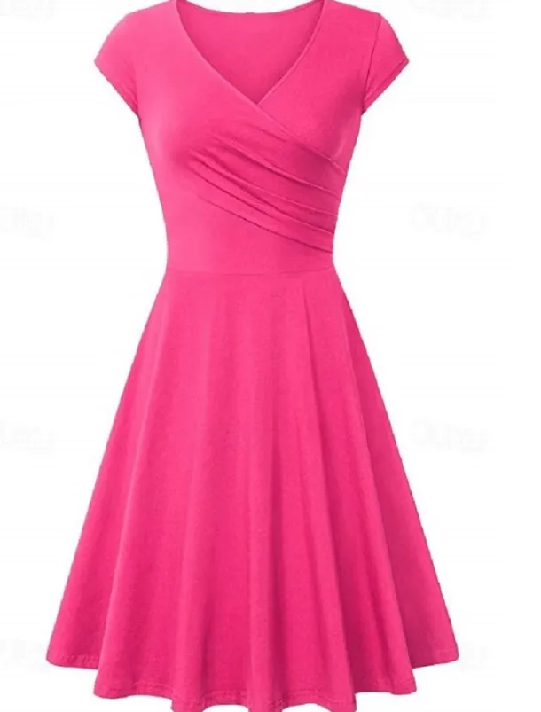 Women's A Line Dress Short Mini Dress Beige Short Sleeve Pure Color Ruched Spring Summer V Neck Elegant Classic 2023 4XL