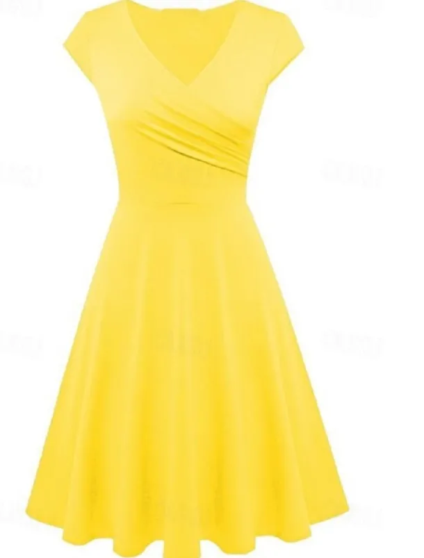 Women's A Line Dress Short Mini Dress Beige Short Sleeve Pure Color Ruched Spring Summer V Neck Elegant Classic 2023 4XL