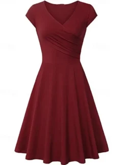 Women's A Line Dress Short Mini Dress Beige Short Sleeve Pure Color Ruched Spring Summer V Neck Elegant Classic 2023 4XL