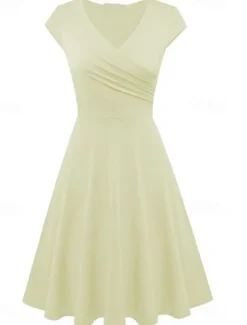 Women's A Line Dress Short Mini Dress Beige Short Sleeve Pure Color Ruched Spring Summer V Neck Elegant Classic 2023 4XL