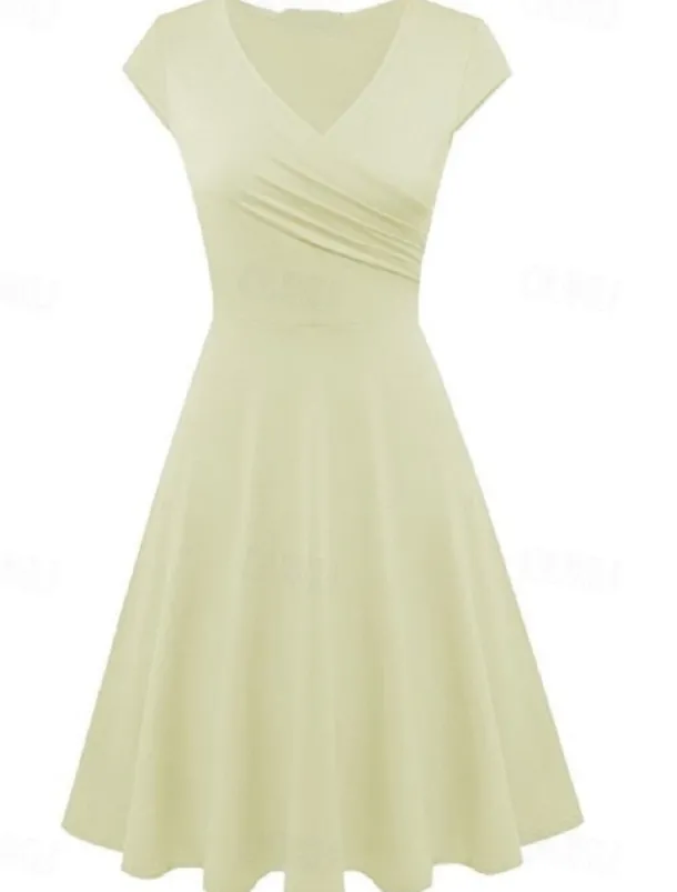 Women's A Line Dress Short Mini Dress Beige Short Sleeve Pure Color Ruched Spring Summer V Neck Elegant Classic 2023 4XL
