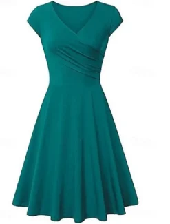 Women's A Line Dress Short Mini Dress Beige Short Sleeve Pure Color Ruched Spring Summer V Neck Elegant Classic 2023 4XL