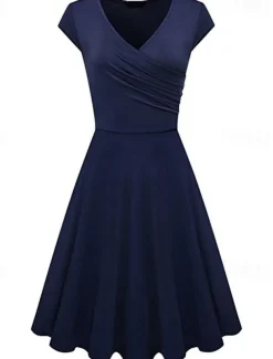 Women's A Line Dress Short Mini Dress Beige Short Sleeve Pure Color Ruched Spring Summer V Neck Elegant Classic 2023 4XL