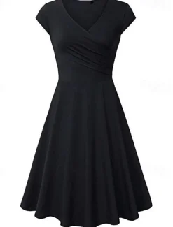 Women's A Line Dress Short Mini Dress Beige Short Sleeve Pure Color Ruched Spring Summer V Neck Elegant Classic 2023 4XL