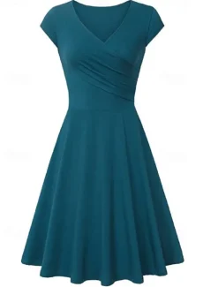 Women's A Line Dress Short Mini Dress Beige Short Sleeve Pure Color Ruched Spring Summer V Neck Elegant Classic 2023 4XL