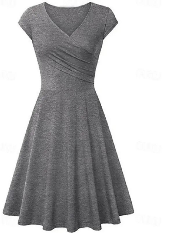 Women's A Line Dress Short Mini Dress Beige Short Sleeve Pure Color Ruched Spring Summer V Neck Elegant Classic 2023 4XL