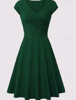 Women's A Line Dress Short Mini Dress Beige Short Sleeve Pure Color Ruched Spring Summer V Neck Elegant Classic 2023 4XL