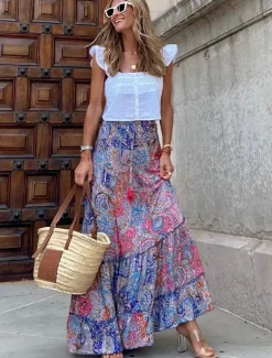 Women's A Line Swing Long Skirt Bohemia Maxi Skirts Print Floral Graphic Holiday Casual Daily Spring & Summer Fashion Bohemian Boho Pink