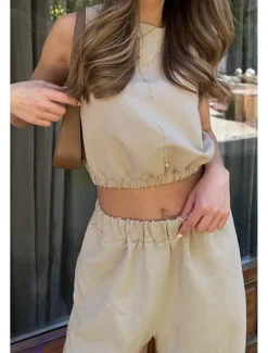 Women's Active Basic Cotton Linen Sets Two Piece Sets Blouse Sleeveless Crew Neck Solid Color Split Thigh Daily Holiday Weekend White Khaki Summer Regular Fit