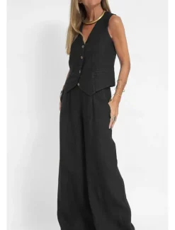 Women's Active Basic Linen-Inspired Sets Two Piece Sets Blouse Sleeveless V Neck Solid Color Dubbele Rij Knopen Vacation Casual Daily Black White Wine Summer Regular Fit