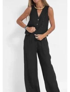 Women's Active Basic Linen-Inspired Sets Two Piece Sets Blouse Sleeveless V Neck Solid Color Dubbele Rij Knopen Vacation Casual Daily Black White Wine Summer Regular Fit