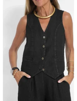 Women's Active Basic Linen-Inspired Sets Two Piece Sets Blouse Sleeveless V Neck Solid Color Dubbele Rij Knopen Vacation Casual Daily Black White Wine Summer Regular Fit