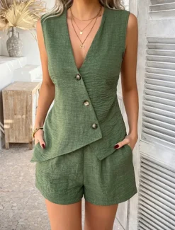 Women's Active Basic Linen-Inspired Sets Two Piece Sets Vest Sleeveless V Neck Solid Color Casual Daily Black Red Green Summer Regular Fit