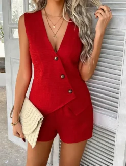 Women's Active Basic Linen-Inspired Sets Two Piece Sets Vest Sleeveless V Neck Solid Color Casual Daily Black Red Green Summer Regular Fit