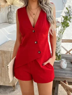 Women's Active Basic Linen-Inspired Sets Two Piece Sets Vest Sleeveless V Neck Solid Color Casual Daily Black Red Green Summer Regular Fit