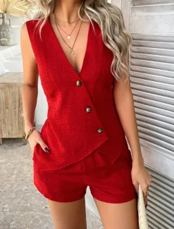 Women's Active Basic Linen-Inspired Sets Two Piece Sets Vest Sleeveless V Neck Solid Color Casual Daily Black Red Green Summer Regular Fit