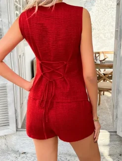 Women's Active Basic Linen-Inspired Sets Two Piece Sets Vest Sleeveless V Neck Solid Color Casual Daily Black Red Green Summer Regular Fit