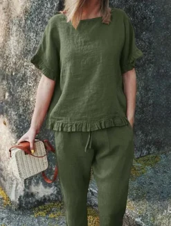 Women's Active Basic Linen-Inspired Sets Two Piece Sets Blouse Short Sleeve Crew Neck Solid Color Drawstring Vacation Casual Daily Black Army Green Red Summer Regular Fit