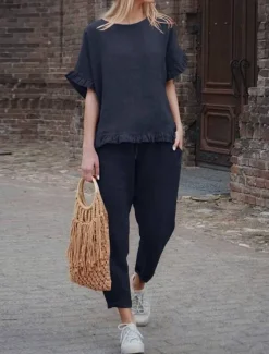 Women's Active Basic Linen-Inspired Sets Two Piece Sets Blouse Short Sleeve Crew Neck Solid Color Drawstring Vacation Casual Daily Black Army Green Red Summer Regular Fit