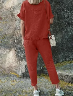 Women's Active Basic Linen-Inspired Sets Two Piece Sets Blouse Short Sleeve Crew Neck Solid Color Drawstring Vacation Casual Daily Black Army Green Red Summer Regular Fit