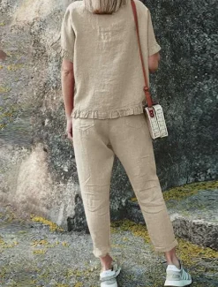 Women's Active Basic Linen-Inspired Sets Two Piece Sets Blouse Short Sleeve Crew Neck Solid Color Drawstring Vacation Casual Daily Black Army Green Red Summer Regular Fit