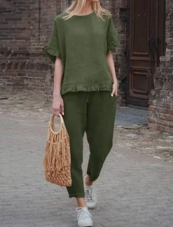 Women's Active Basic Linen-Inspired Sets Two Piece Sets Blouse Short Sleeve Crew Neck Solid Color Drawstring Vacation Casual Daily Black Army Green Red Summer Regular Fit