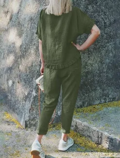 Women's Active Basic Linen-Inspired Sets Two Piece Sets Blouse Short Sleeve Crew Neck Solid Color Drawstring Vacation Casual Daily Black Army Green Red Summer Regular Fit