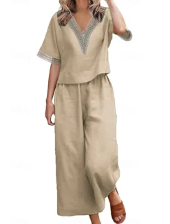 Women's Active Basic Linen-Inspired Sets Two Piece Sets Blouse Half Sleeve V Neck Solid Color Patchwork Holiday Dark Grey Black Dark Navy Summer Regular Fit