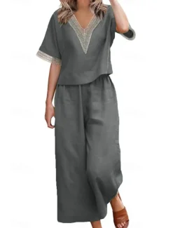 Women's Active Basic Linen-Inspired Sets Two Piece Sets Blouse Half Sleeve V Neck Solid Color Patchwork Holiday Dark Grey Black Dark Navy Summer Regular Fit