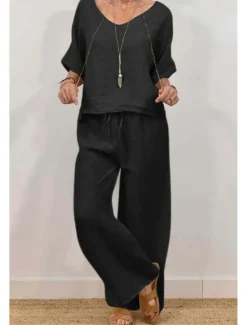 Women's Active Basic Shirt Linen-Inspired Sets Two Piece Sets Half Sleeve V Neck Solid Color Drawstring Holiday Casual Daily Black Pink Green Summer Regular Fit