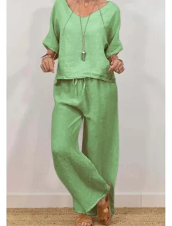 Women's Active Basic Shirt Linen-Inspired Sets Two Piece Sets Half Sleeve V Neck Solid Color Drawstring Holiday Casual Daily Black Pink Green Summer Regular Fit