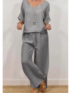 Women's Active Basic Shirt Linen-Inspired Sets Two Piece Sets Half Sleeve V Neck Solid Color Drawstring Holiday Casual Daily Black Pink Green Summer Regular Fit