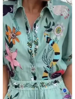 Women's Active Basic Shirt Linen-Inspired Sets Two Piece Sets Short Sleeve Shirt Collar Floral Print Holiday Casual Daily Weekend Green Summer Regular Fit